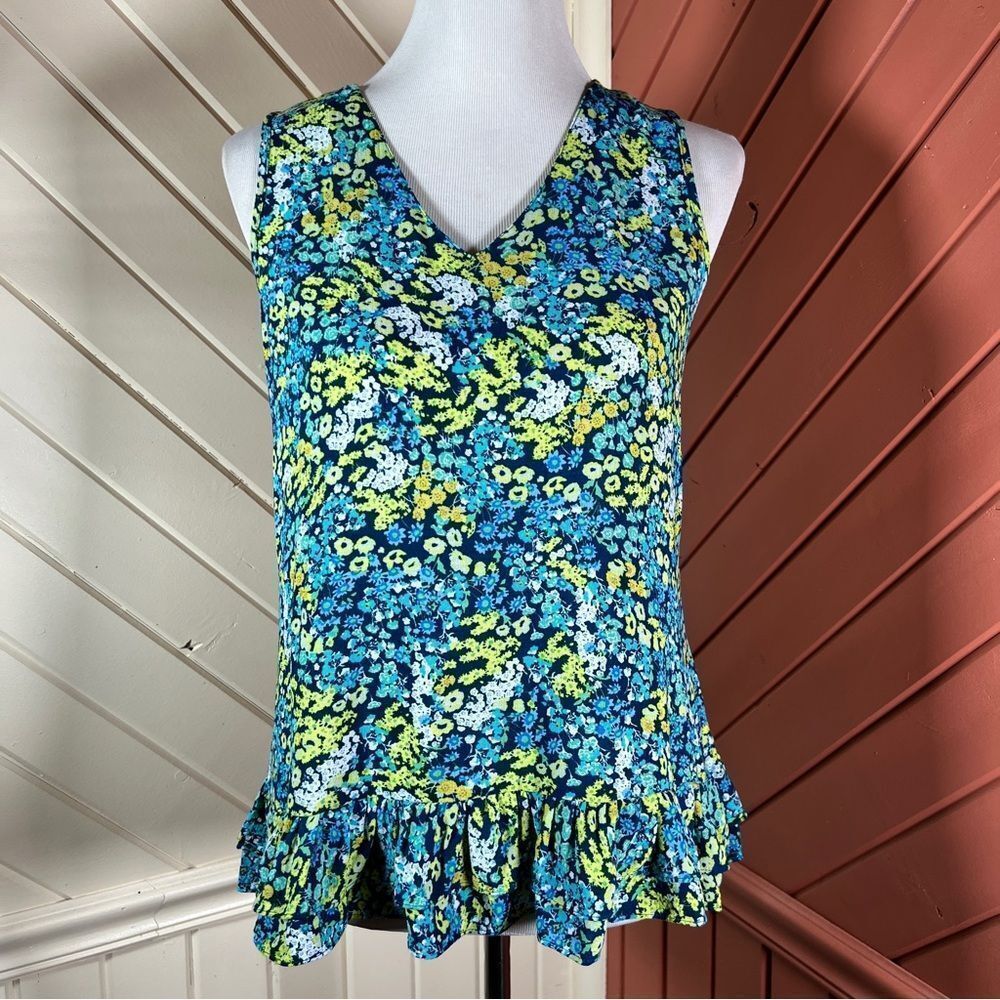 Anne Carson | Blue Green Floral Sleeveless Ruffle Tank Top Sz Small
